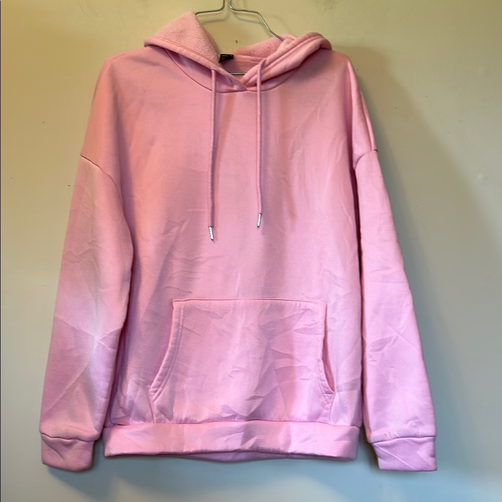 SHEIN pink hoodie front pouch fleece lined tie hood good condition size medium